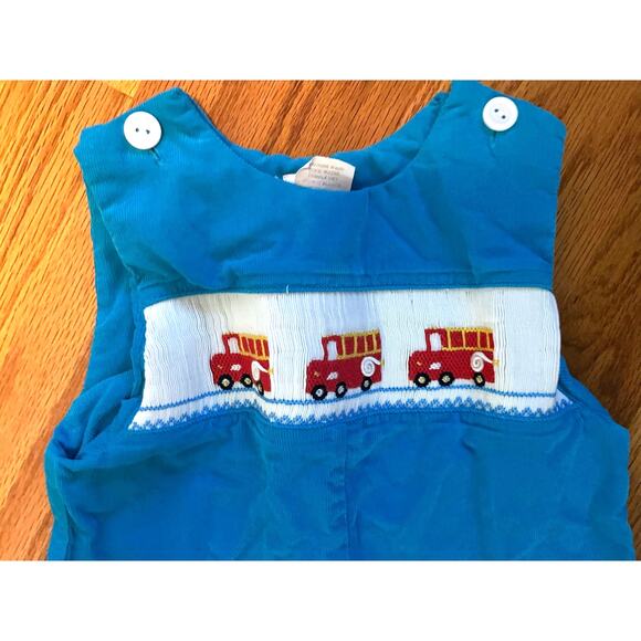 Beth Terrell bright blue corduroy john john with smocked bodice fire trucks 2 - Picture 2 of 3